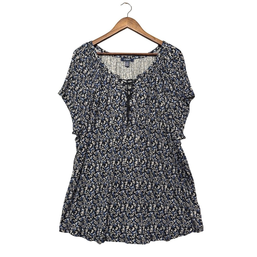 Chaps‎ Tunic Top Womens Plus Size 2X Floral Boho Lace Up V-Neck Short Sleeve